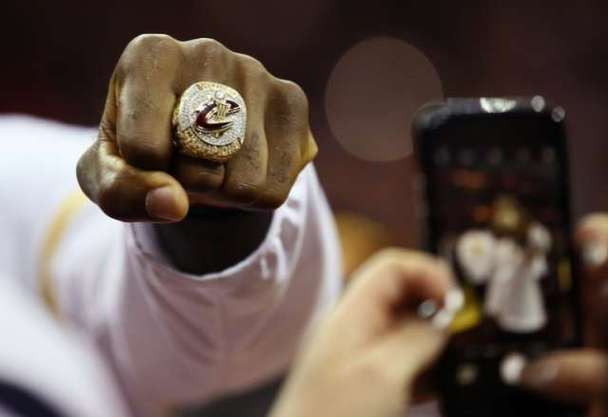LeBron James #23 of the Cleveland Cavaliers shows his championship ring before the game against the New York Knicks on October 25, 2016 in Ohio