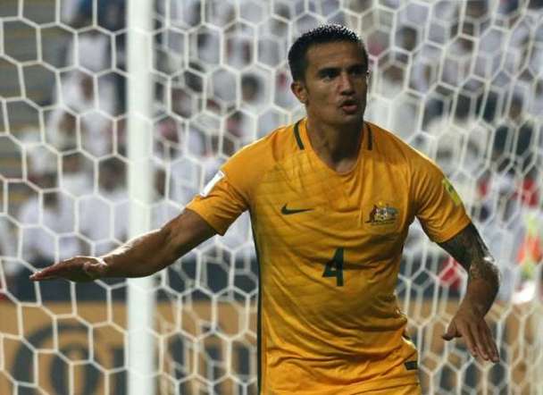 Australia's veteran talisma Tim Cahill celebrates after scoring a goal during their 2018 World Cup Asia qualifying match against United Arab Emirates, at the Mohammed Bin Zayed Stadium in Abu Dhabi, on September 6, 2016